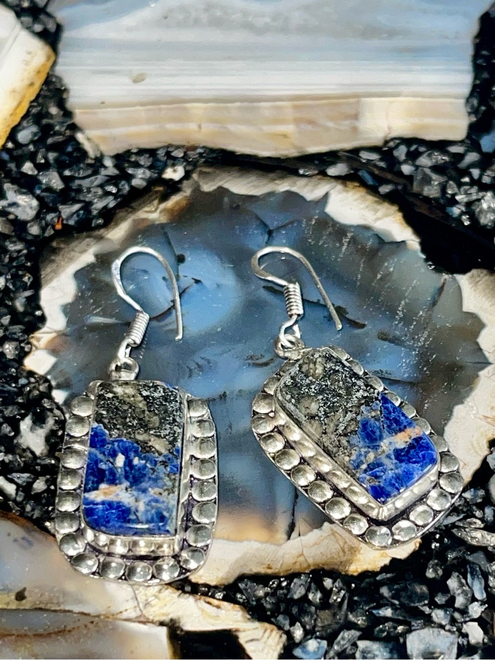 Navy Sodalite with Pyrite Earrings 2” - Picture 12 of 15